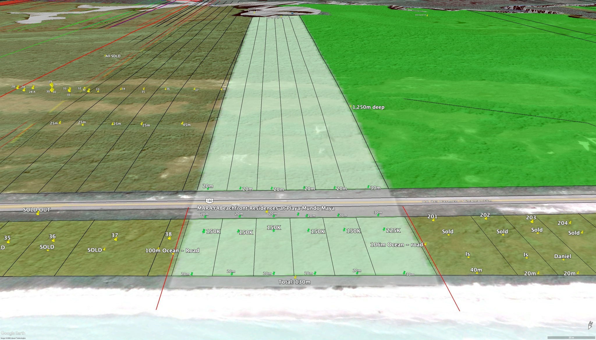 130 meter Gulf-to-Lagoon beachfront release showing Gulf frontage, Coastal Highway 180, and inland depth toward Lagoon Bay