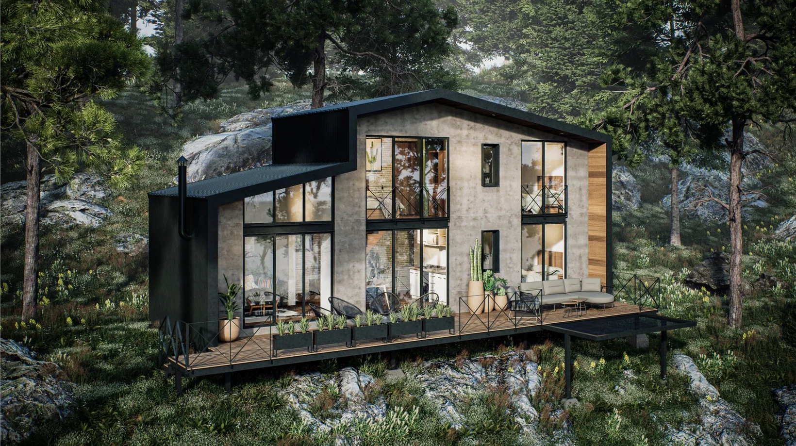 Architectural illustration of a contemporary coastal house with large glazing and timber exterior